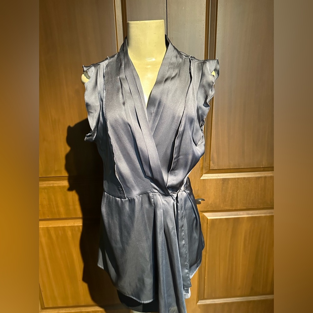 Violet & Claire Blue Sleeveless Ruffled Wrap Blouse